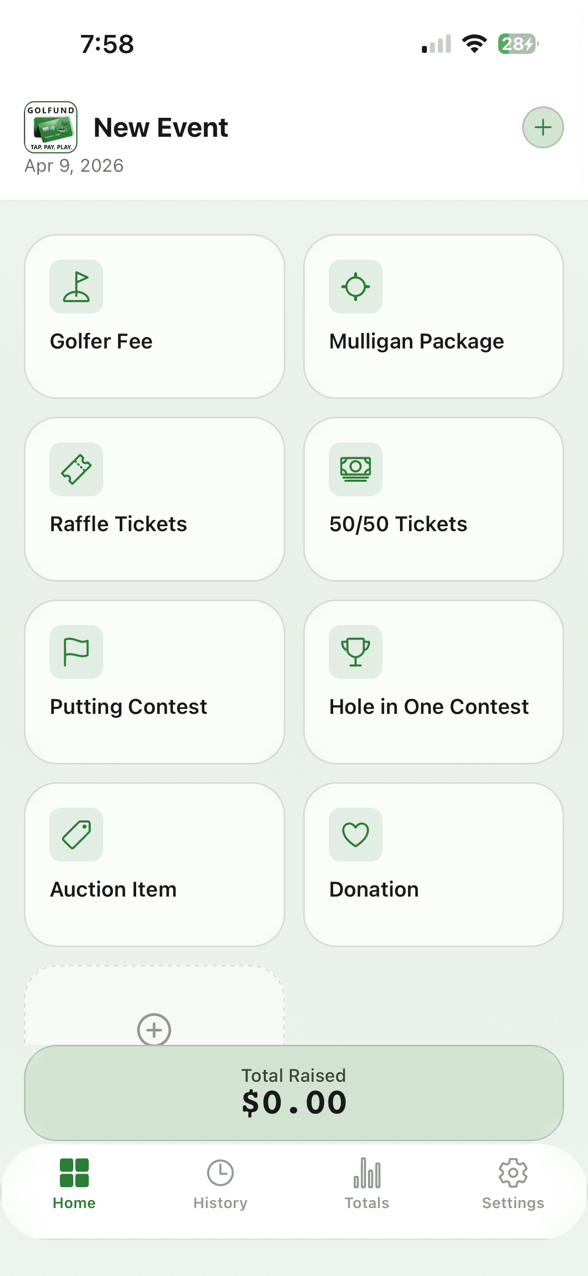 Dashboard showing category grid with Golfer Fee, Mulligan, Raffle and running total