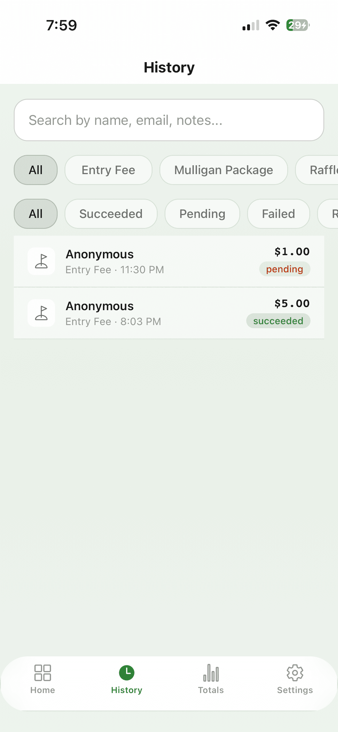 Transaction history list with search, filter, and payment status indicators