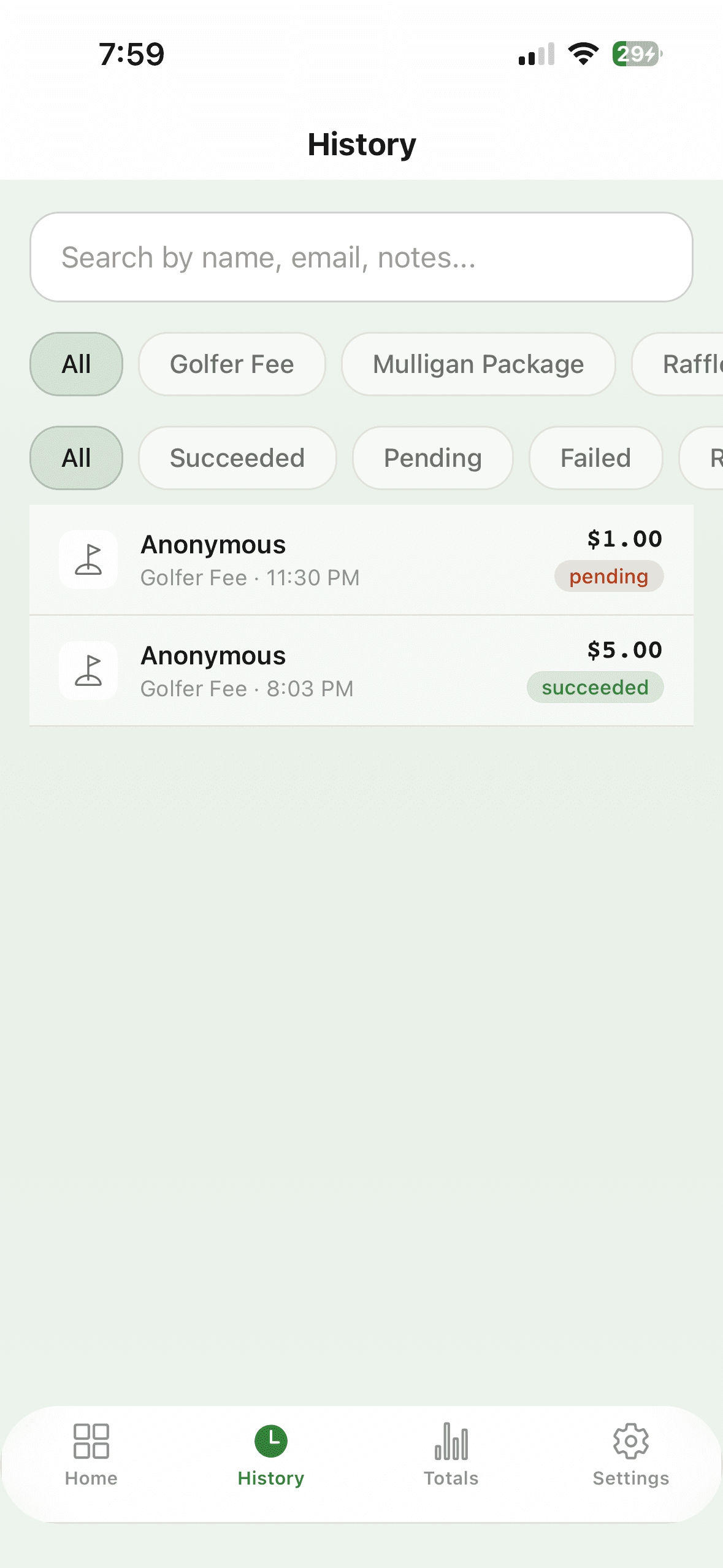 Transaction history list with search, filter, and payment status indicators