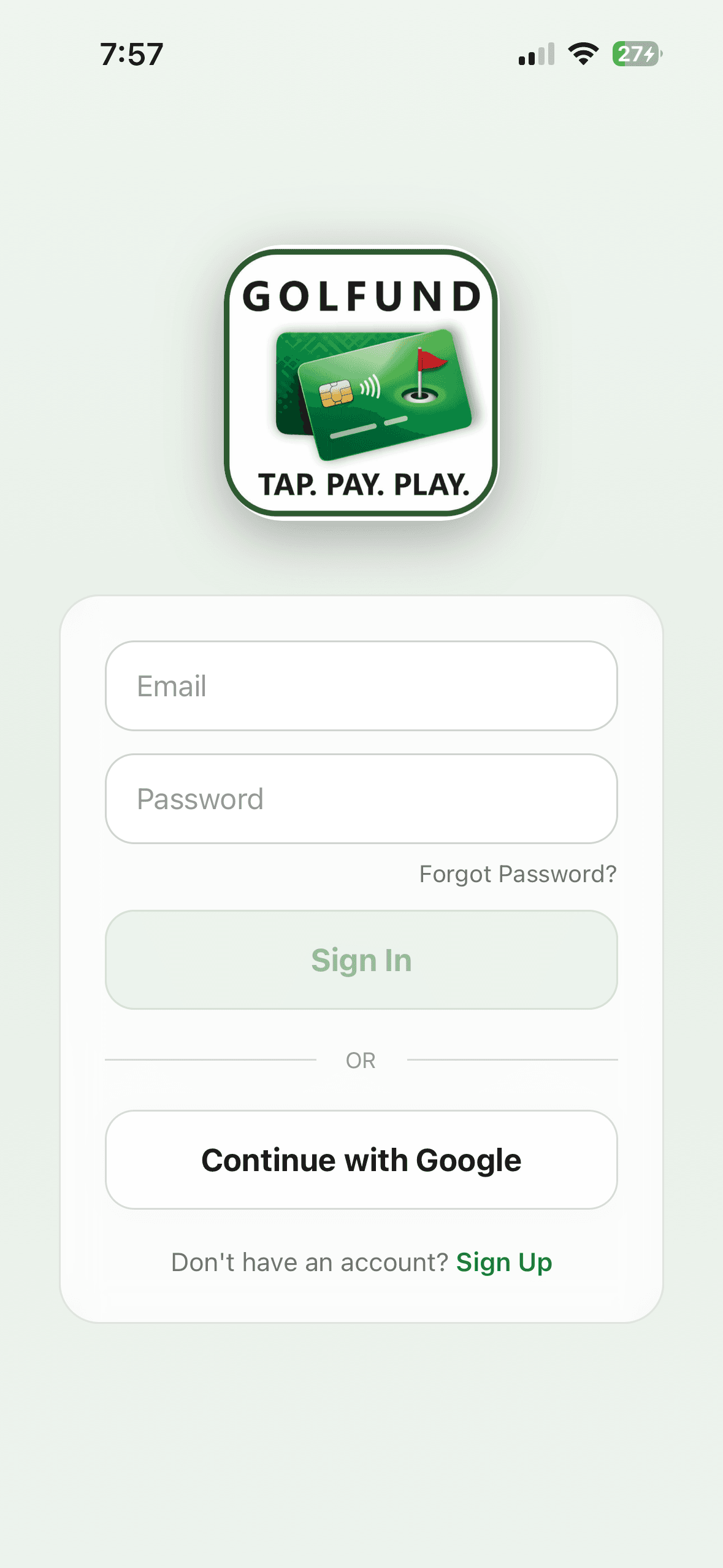 Golfund login screen with email, password, and Google sign-in options