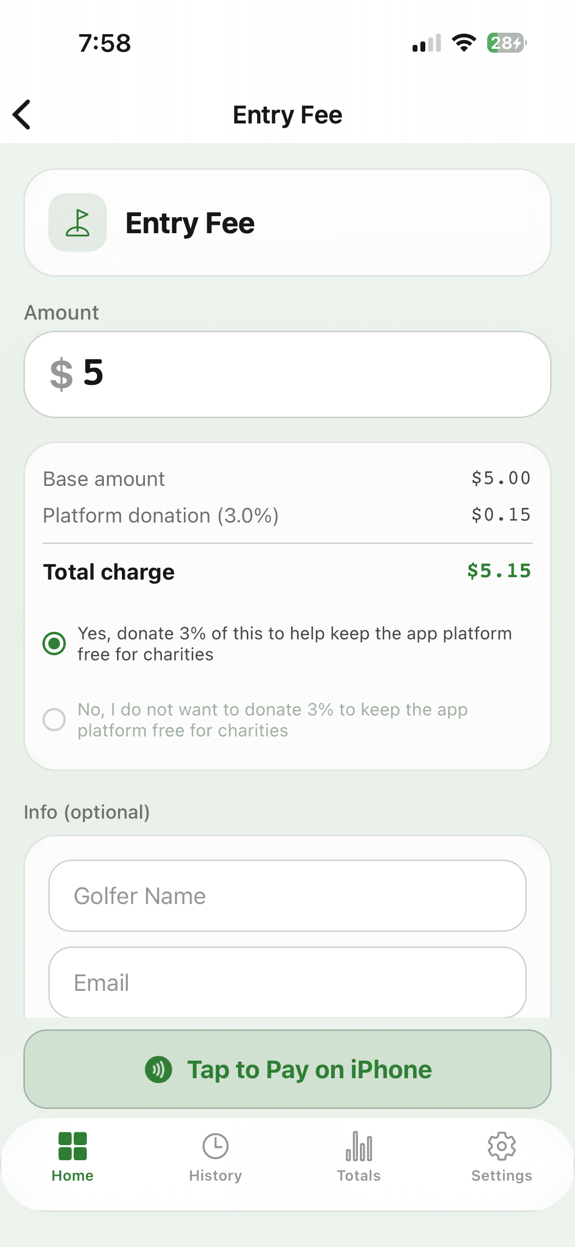 Payment entry screen with amount, fee breakdown, and Tap to Pay button