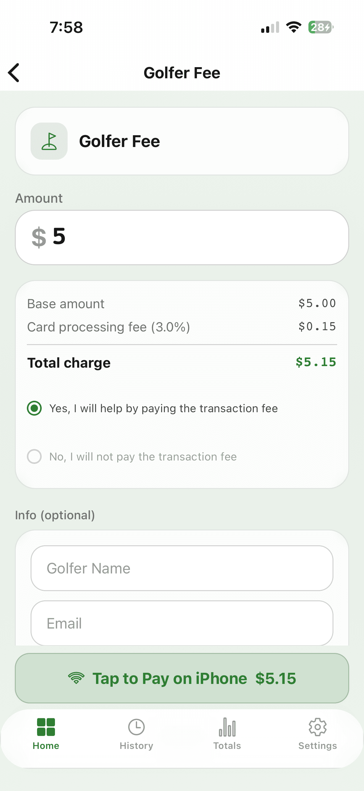 Payment entry screen with amount, fee breakdown, and Tap to Pay button