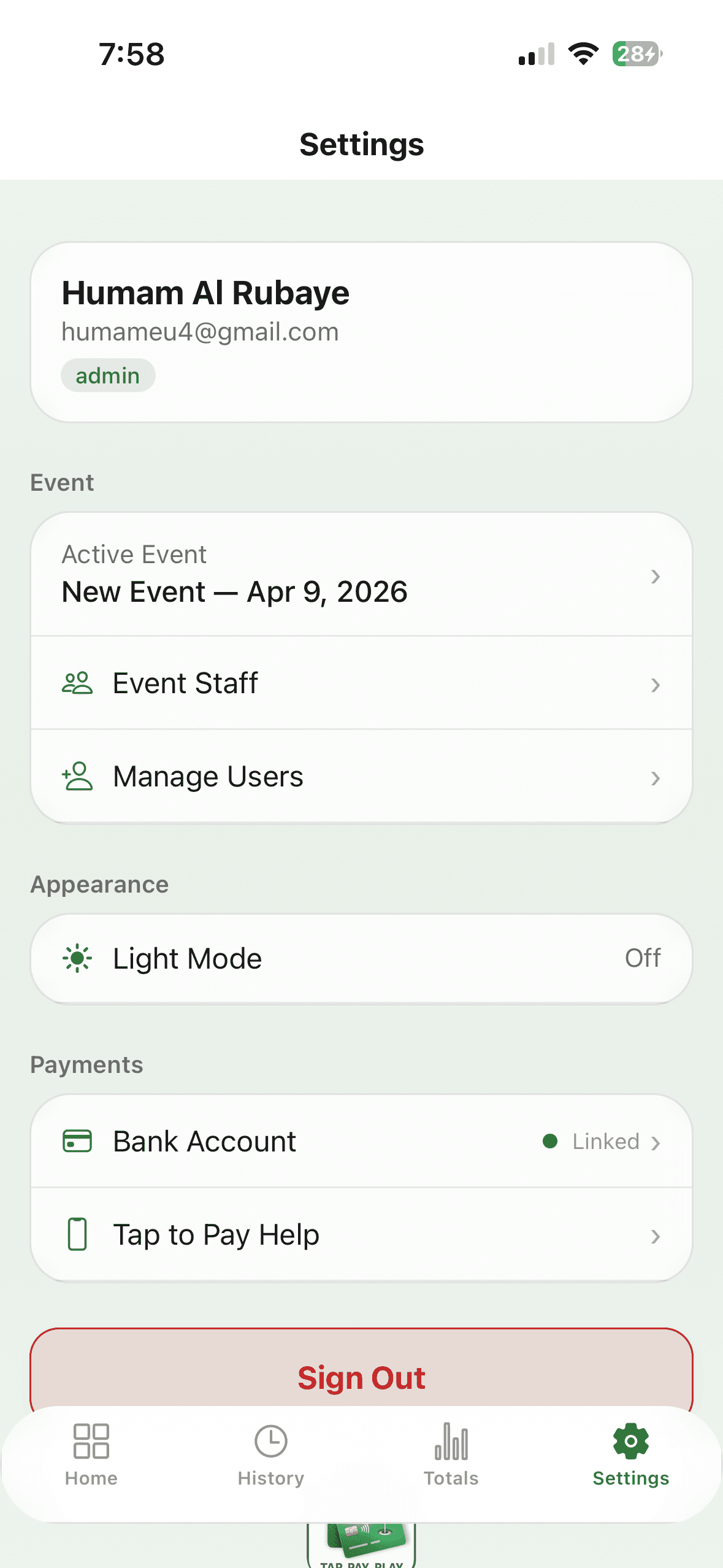 Settings screen with user profile, event management, and linked bank account