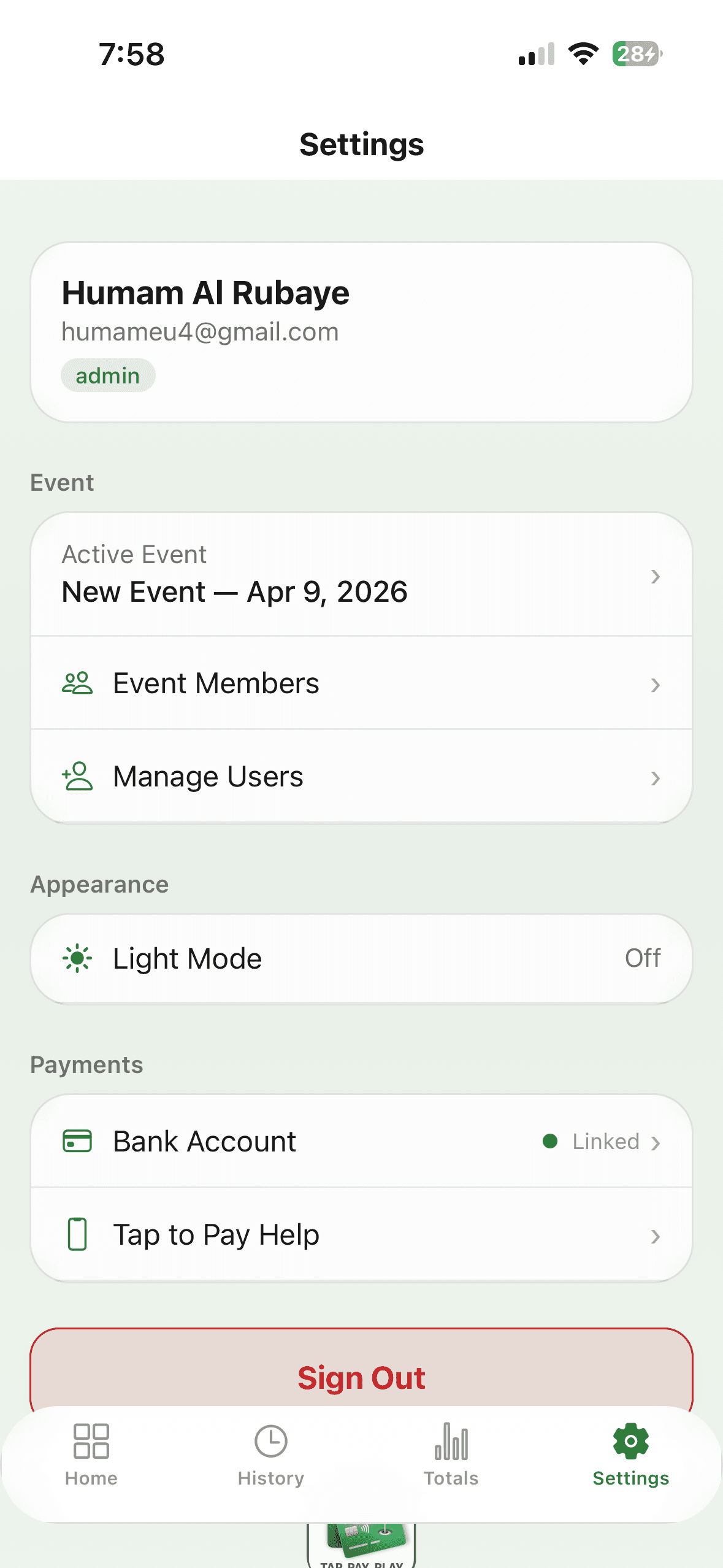 Settings screen with user profile, event management, and linked bank account