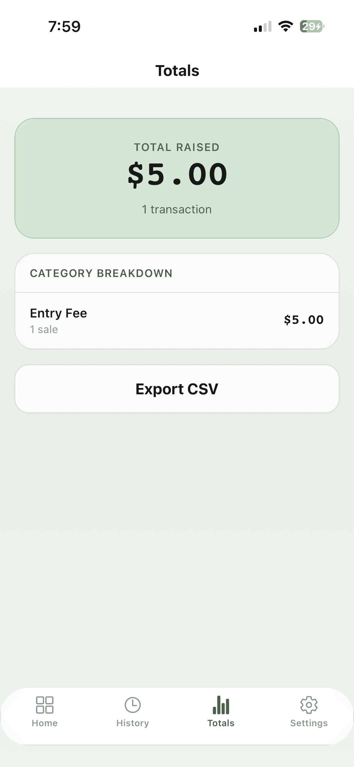 Event totals showing total raised, category breakdown, and report download option