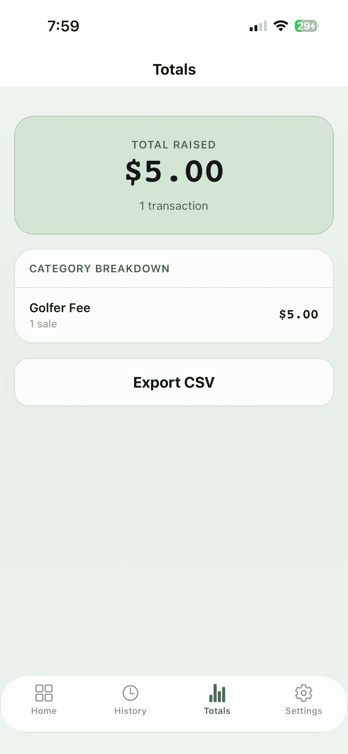 Event totals showing total raised, category breakdown, and CSV export option